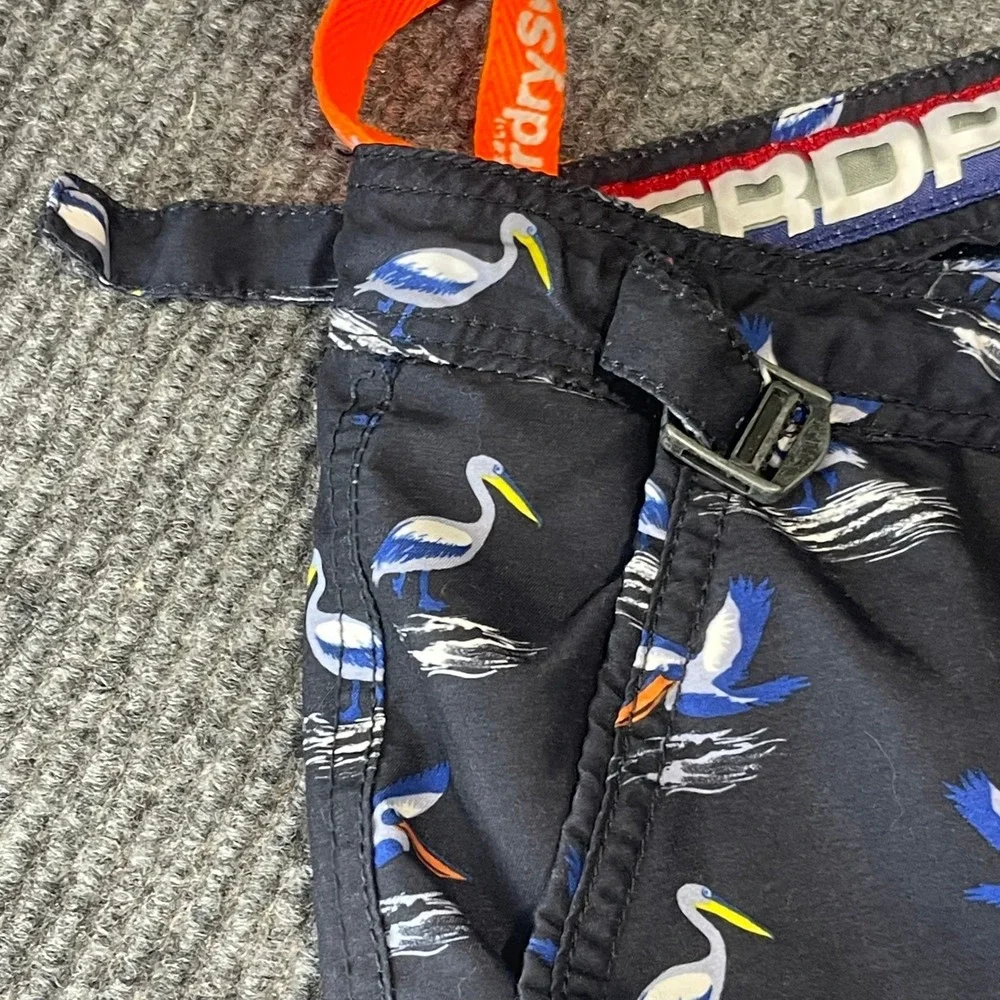 Superdry Pelican Print Swim Shorts Mens L Navy Blue Excellent Mesh‎ Lined Trunks